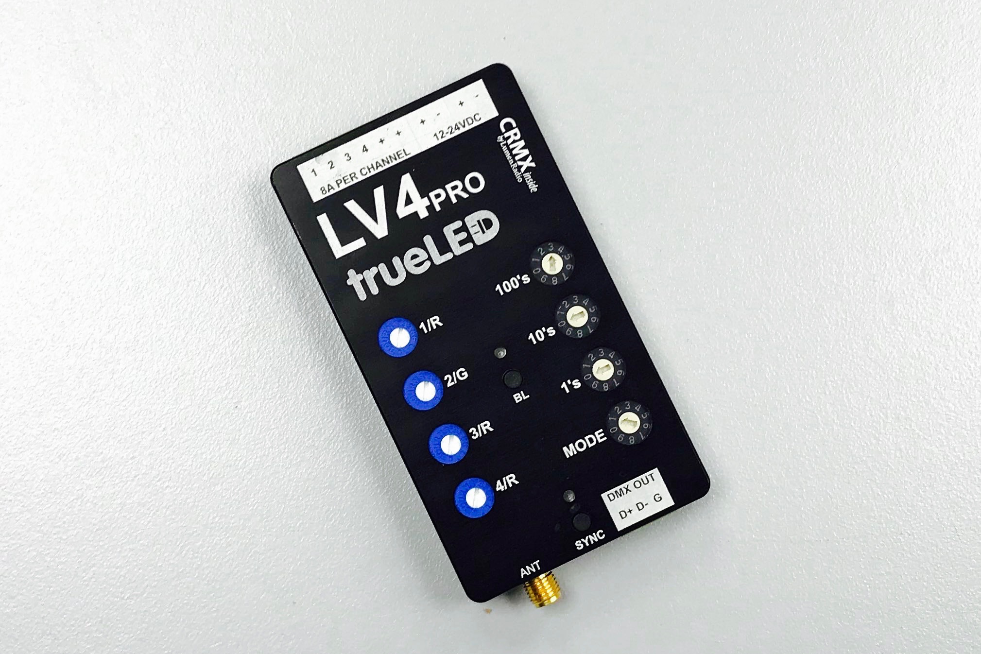 LV4 Pro is our smallest slimmest 4 channel, RGBW LED controller. With embedded Lumen Radio it handles up to 8 amps of power per channel.